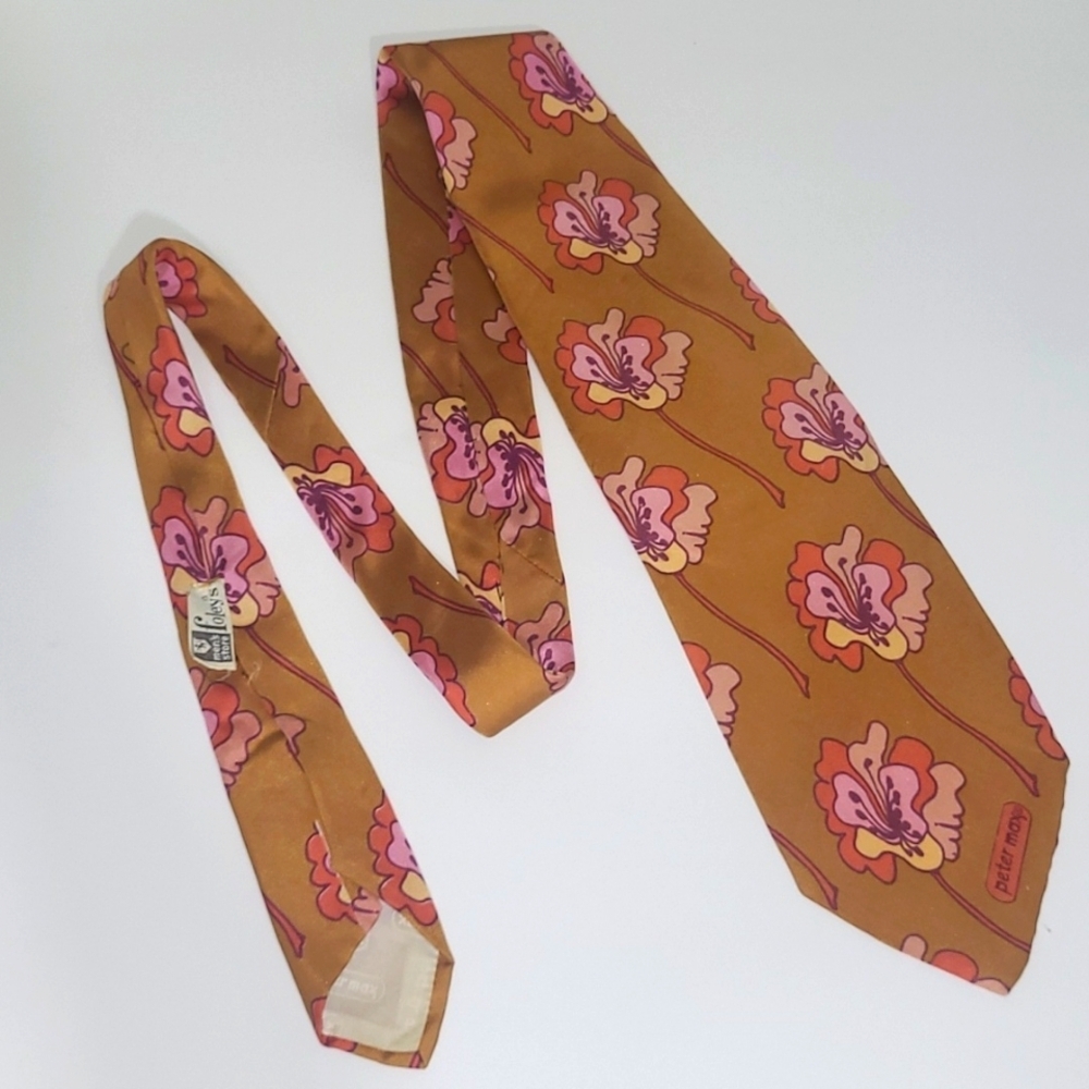 Peter Max Silk Tie Signed Pop Art Bronze Orange Pink Hibiscus Floral Print Retro